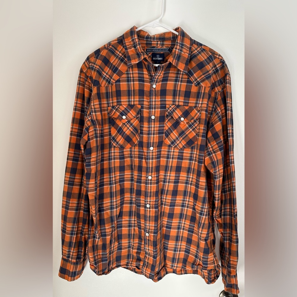Old Navy Men's Plaid Shirt in Orange and Blue